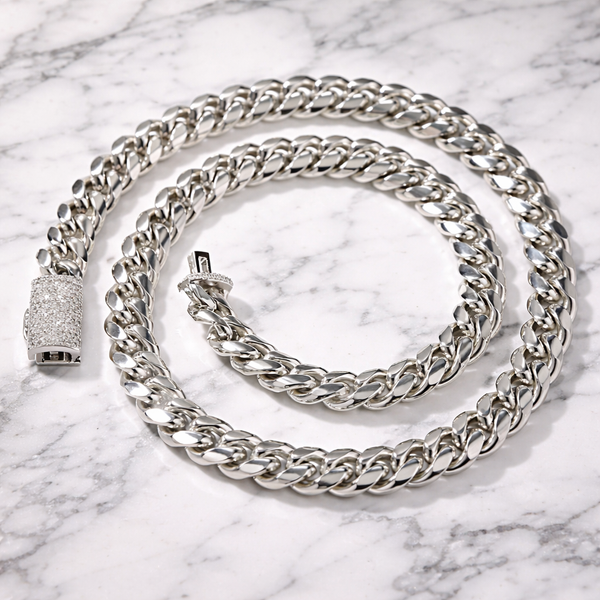 12mm Silver Miami Cuban Link Chain with Diamond Clasp 20inch  , Iced Silver Cuban Link Chain Necklace, 20 Inch Hip Hop Chain, Men’s Statement Jewelry hi