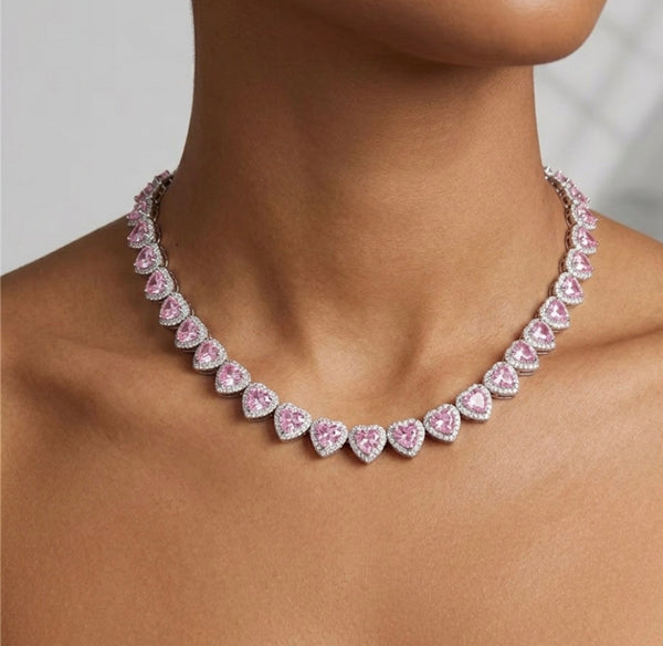 Heart Tennis Necklace, Iced Pink Heart Necklace, Luxury Crystal Heart Chain, Stainless Steel Romantic Statement Jewelry