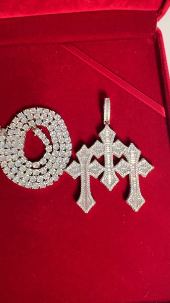 Triple Cross Pendant Tennis Necklace, Baguette Diamond Look, Silver Chain