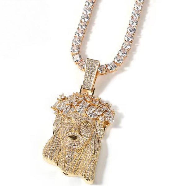 silver Jesus Face Rhinestone Crown Pendant + 5mm Tennis Chain 20” or 22”