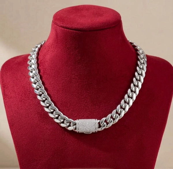 12mm Silver Miami Cuban Link Chain with Diamond Clasp 20inch  , Iced Silver Cuban Link Chain Necklace, 20 Inch Hip Hop Chain, Men’s Statement Jewelry hi