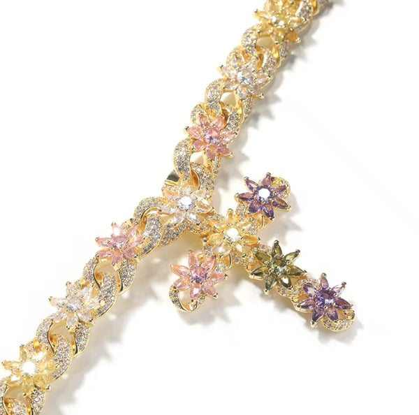 Colorful Flower Cross Pend  Cuban Chain Necklace