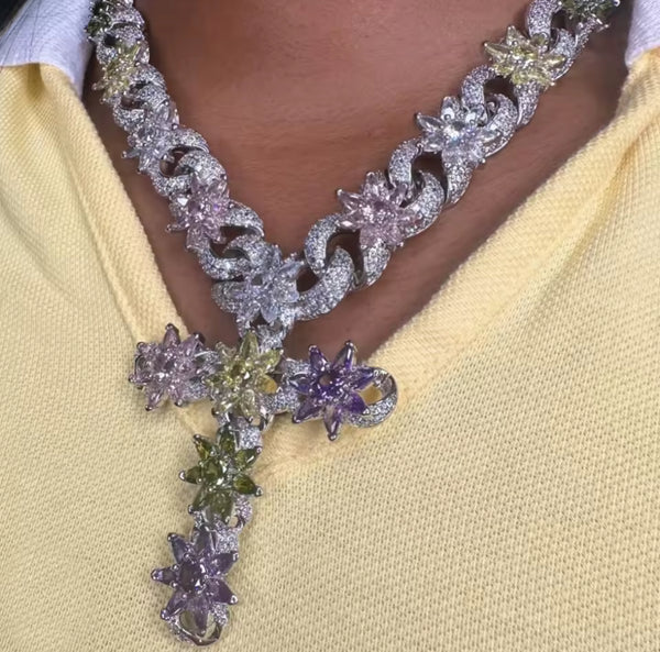 Colorful Flower Cross Pend  Cuban Chain Necklace