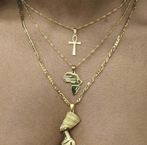 3pcs Necklaces Together Ankh Nefertiti Africa Map Pendant