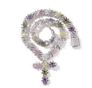 Colorful Flower Cross Pend  Cuban Chain Necklace