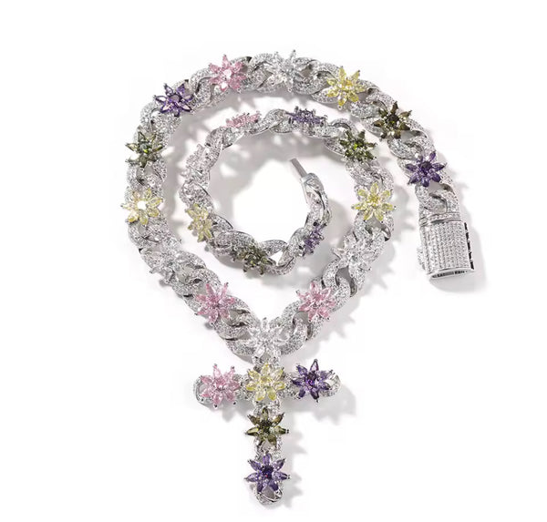 Colorful Flower Cross Pend  Cuban Chain Necklace