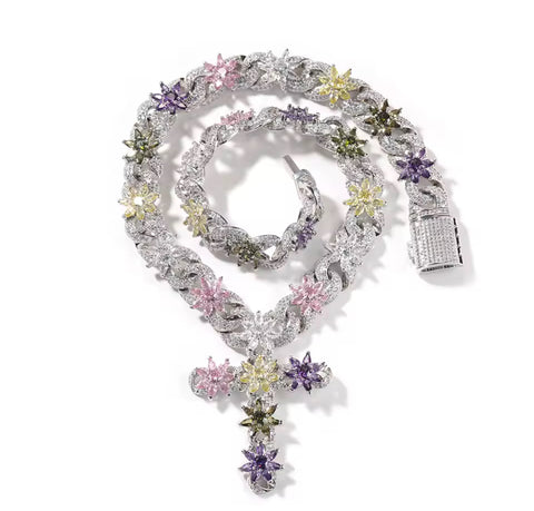 Colorful Flower Cross Pend  Cuban Chain Necklace