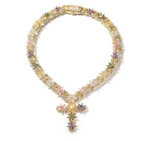 Colorful Flower Cross Pend  Cuban Chain Necklace