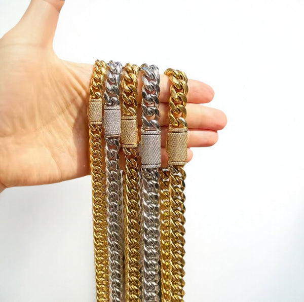 12mm Silver Miami Cuban Link Chain with Diamond Clasp 20inch  , Iced Silver Cuban Link Chain Necklace, 20 Inch Hip Hop Chain, Men’s Statement Jewelry hi