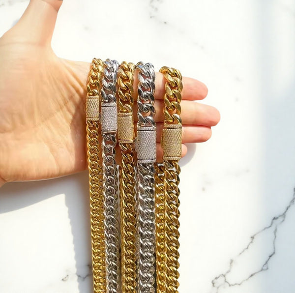 12mm Silver Miami Cuban Link Chain with Diamond Clasp 20inch  , Iced Silver Cuban Link Chain Necklace, 20 Inch Hip Hop Chain, Men’s Statement Jewelry hi