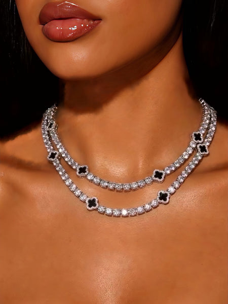 4mm Silver Tennis Clover Necklace, 20 Inch Iced Out Chain, Black Accents, Hip Hop Jewelry (Copy)
