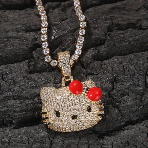 Kitty red bow bling necklace