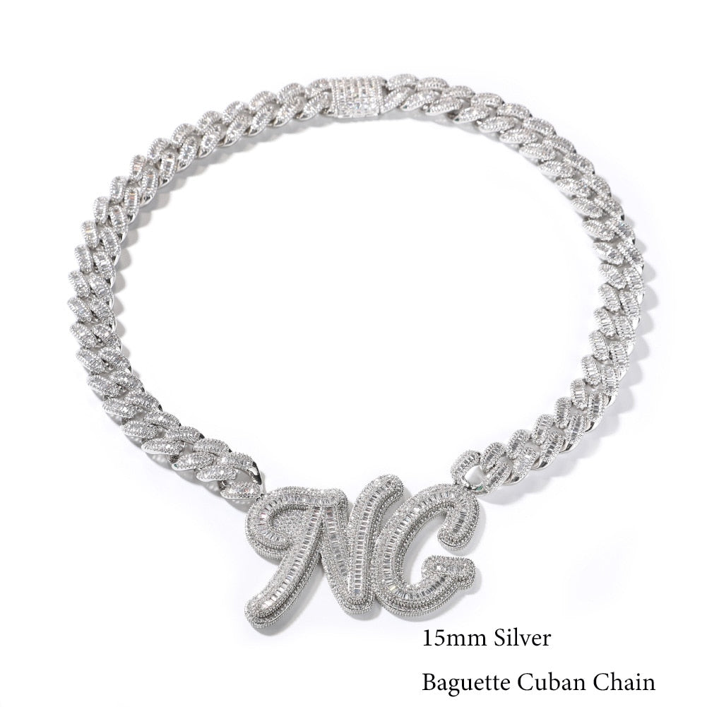 UWIN Custom Name letters with 15mm Baguettecz Cuban Chain Necklaces Iced Out Cubic Zirconia Charms Jewelry Hip Hop Jewelry