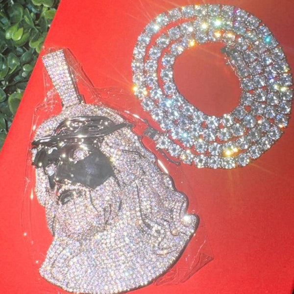 Silver Jesus Pendant with Tennis Necklace | 20” or 22”