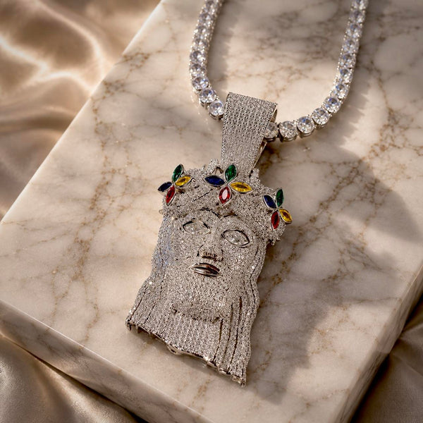 Multi Color Clover Jesus Pendant Necklace