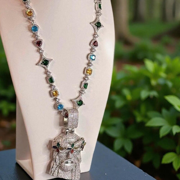 Tennis Multicolor Gemstone Jesus Clover Necklace – 20”