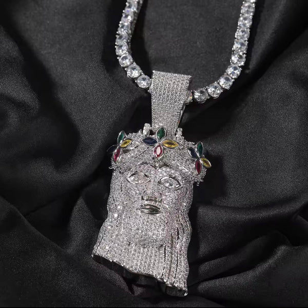Multi Color Clover Jesus Pendant Necklace