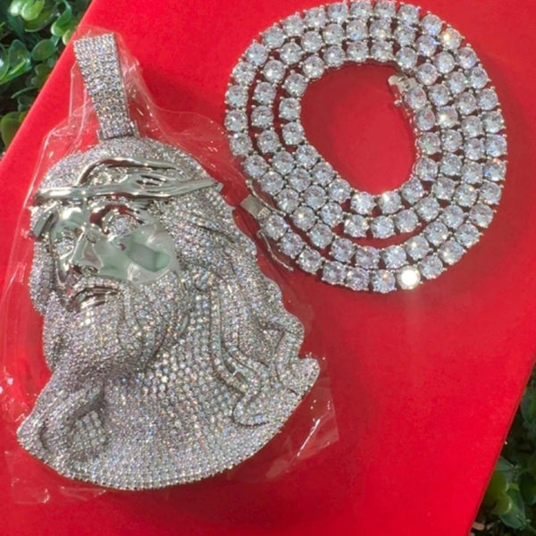 Silver Jesus Pendant with Tennis Necklace | 20” or 22”
