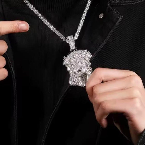 silver Jesus Face Rhinestone Crown Pendant + 5mm Tennis Chain 20” or 22”