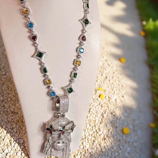 Tennis Multicolor Gemstone Jesus Clover Necklace – 20”