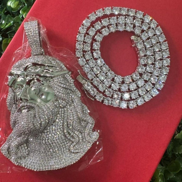 Silver Jesus Pendant with Tennis Necklace | 20” or 22”