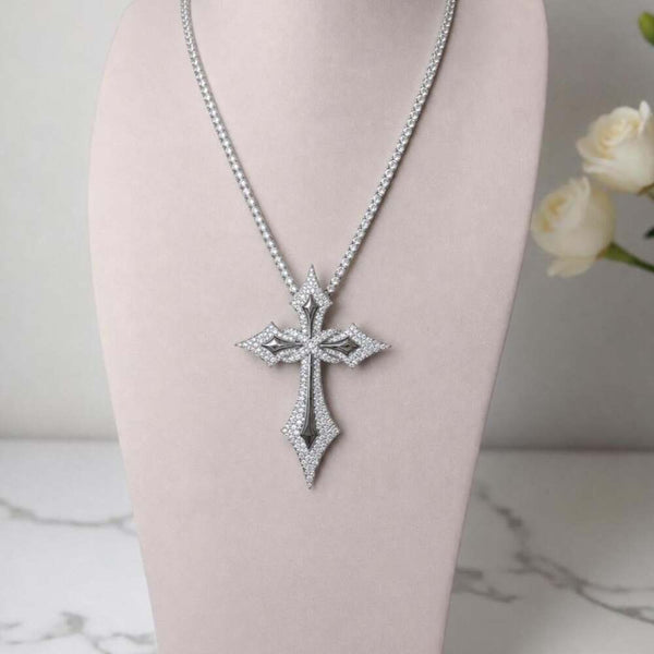 Silver Iced Out tennis Cross Necklace