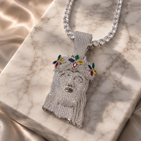 Multi Color Clover Jesus Pendant Necklace