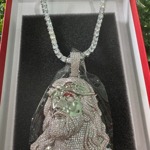 Silver Jesus Pendant with Tennis Necklace | 20” or 22”