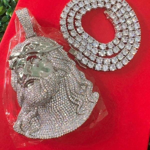 Silver Jesus Pendant with Tennis Necklace | 20” or 22”