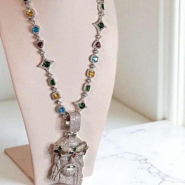 Tennis Multicolor Gemstone Jesus Clover Necklace – 20”