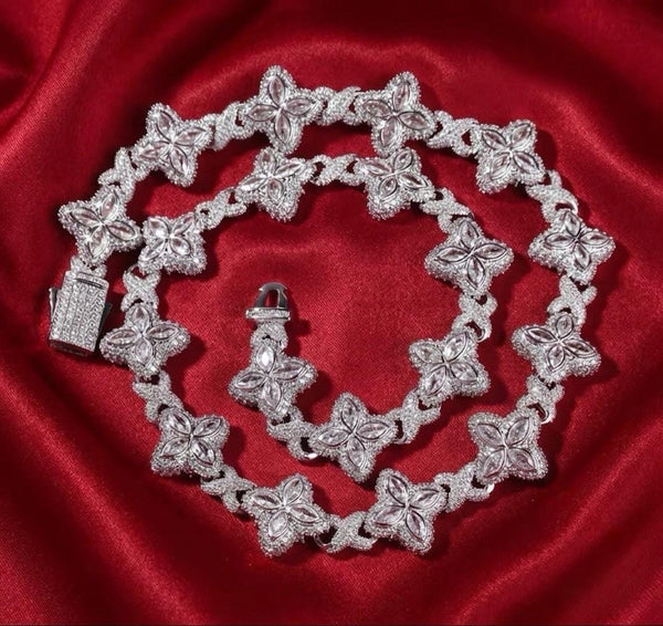 Iced Out Floral Clover Necklace, Black White CZ Infinity Leaf Chain, Hip Hop Jewelry
