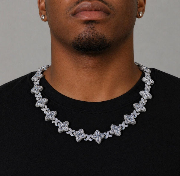Iced Out Floral Clover Necklace, Black White CZ Infinity Leaf Chain
