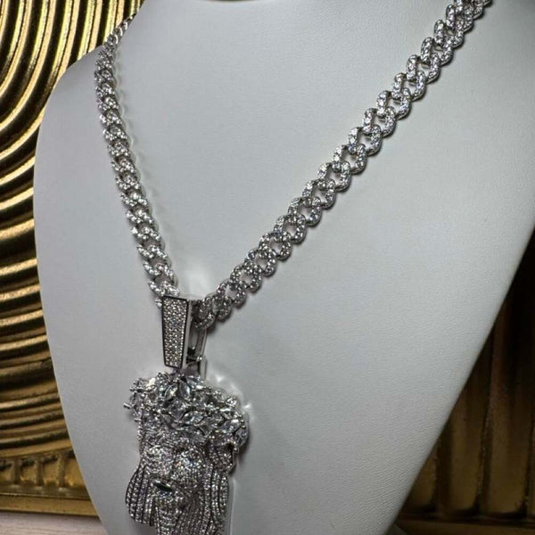 Iced Jesus Face Pendant Necklace – Silver 9mm Cuban Link | 20” Hip Hop Chain