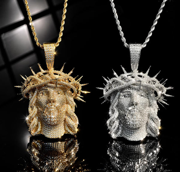 Iced Out Jesus Piece Pendant, Crown of Thorns Chain, Gold Silver Rose Gold