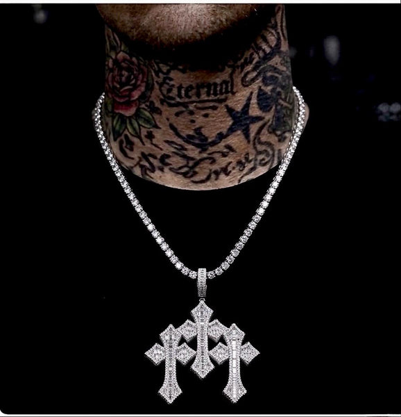 Triple Cross Pendant Tennis Necklace, Baguette Diamond Look, Silver Chain