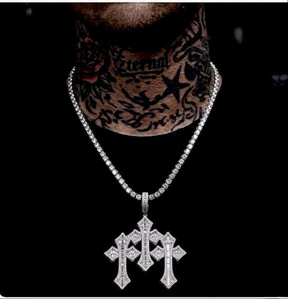 Iced Out Triple Cross Pendant Tennis Necklace, Silver Baguette Diamond Chain