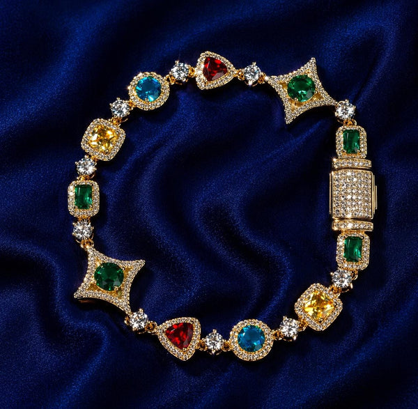 Men's Multicolor Gemstone Tennis Bracelet, Gold Luxury Hip Hop Jewelry
