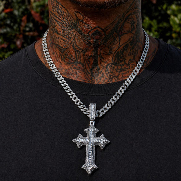 Iced Out Cross Pendant Necklace, 9mm Cuban Link Chain, Statement Jewelry