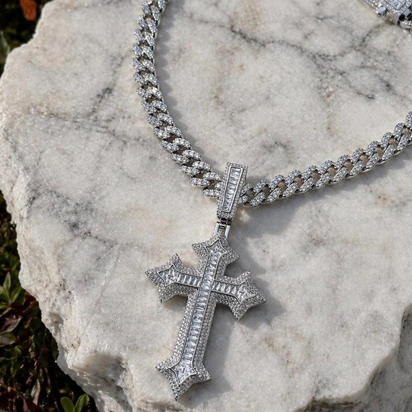 Iced Out Cross Pendant Necklace, 9mm Cuban Link Chain, Statement Jewelry