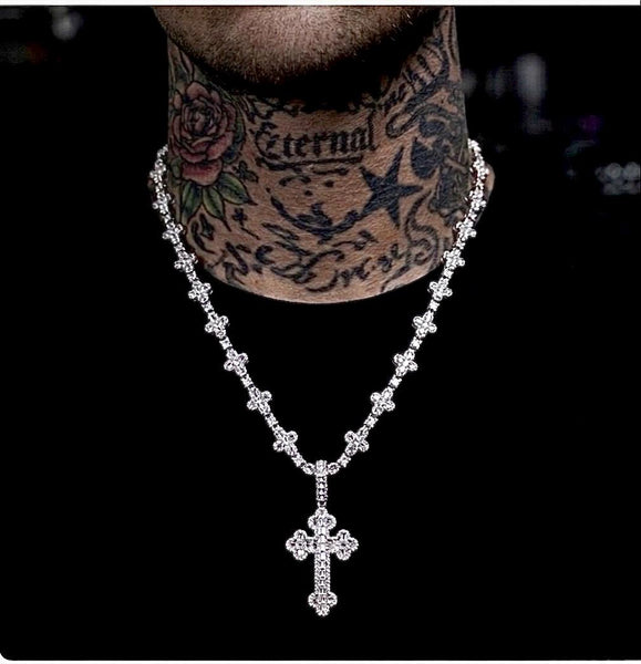 Iced Out Cross Pendant Necklace, 20 Inch Tennis Chain, CZ Diamond Statement Jewelry