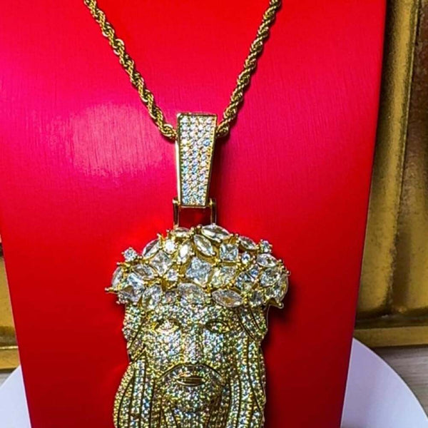 Iced Out Jesus Pendant with Thorn Crown | Silver or Gold | 18”, 20” &amp; 24” Rope Chain |