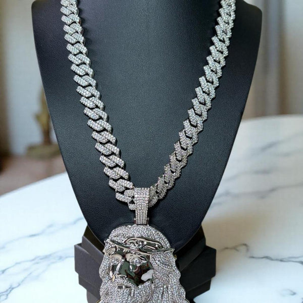 13mm Iced Out Cuban Link Chain 22” with Silver Jesus Face Pendant |