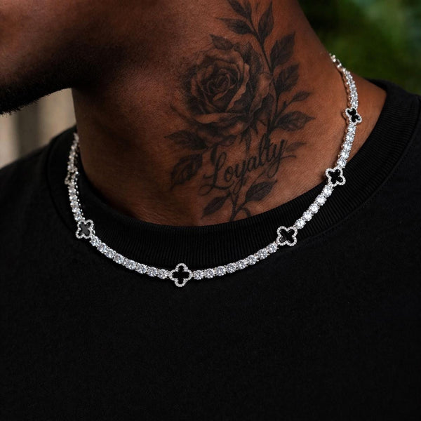 4mm Silver Tennis Clover Necklace, 20 Inch Iced Out Chain, Black Accents, Hip Hop Jewelry