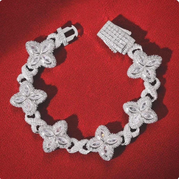 Iced Out Clover Bracelet, Silver Flower Link Chain, Baguette Stone Jewelry