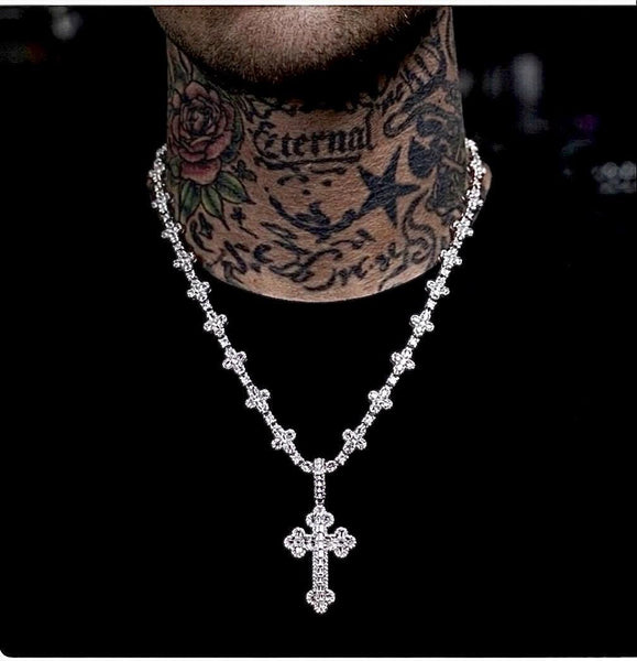 Iced Out Cross Pendant Necklace, 20 Inch Tennis Chain, CZ Diamond Statement Jewelry