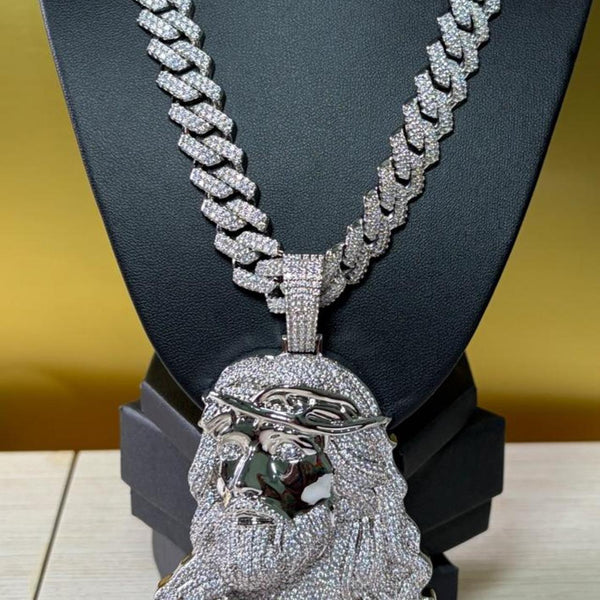 13mm Iced Out Cuban Link Chain 22” with Silver Jesus Face Pendant |