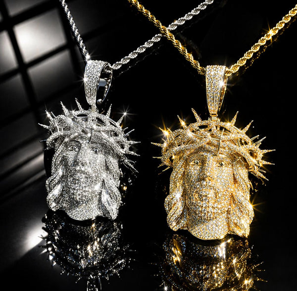 Iced Out Jesus Piece Pendant, Crown of Thorns Chain, Gold Silver Rose Gold