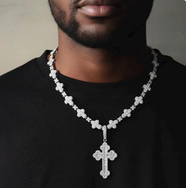 Iced Out Cross Pendant Necklace, 20 Inch Tennis Chain, CZ Diamond Hip Hop Jewelry