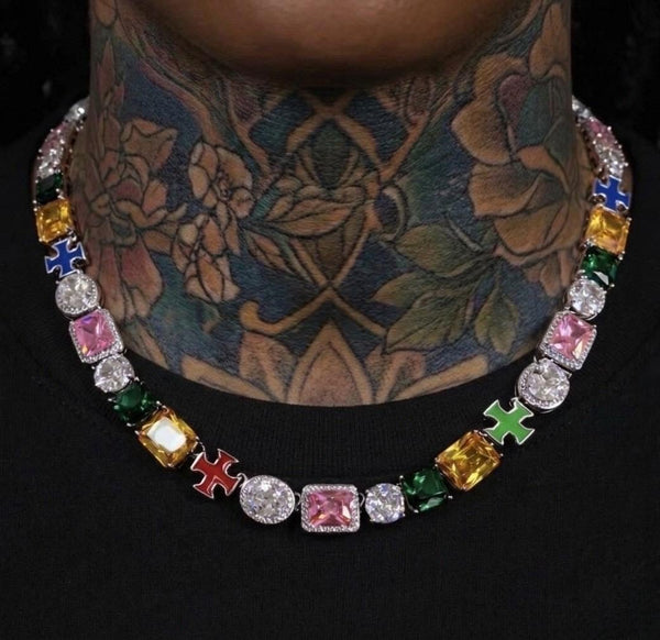 Multi Color Gemstone Cross Necklace, Iced Out Tennis Chain, Religious Streetwear Pendant