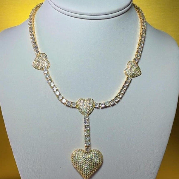 Gold Triple Heart Tennis Necklace 5196